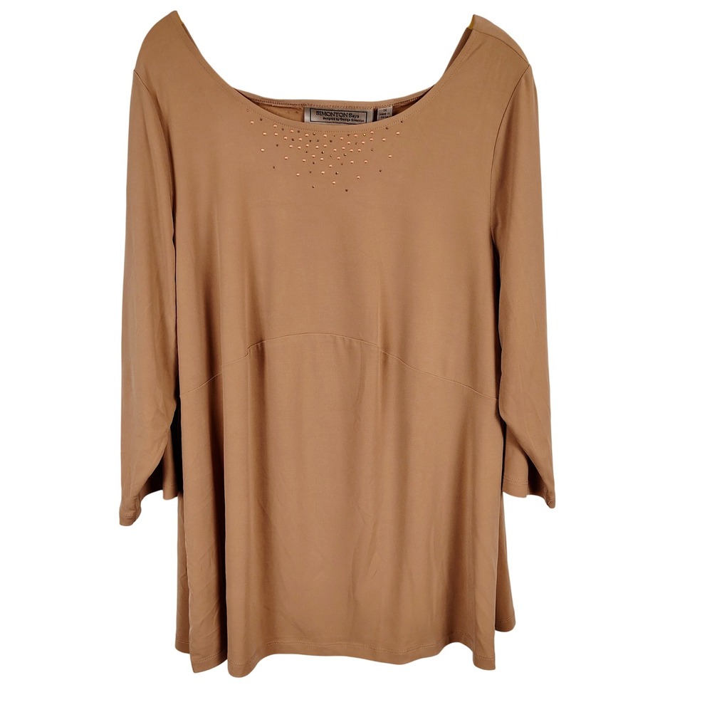 Simonton Says Womens 1X Cowl Back Tunic Tan Rhinestone Glam Minimalist Neutral